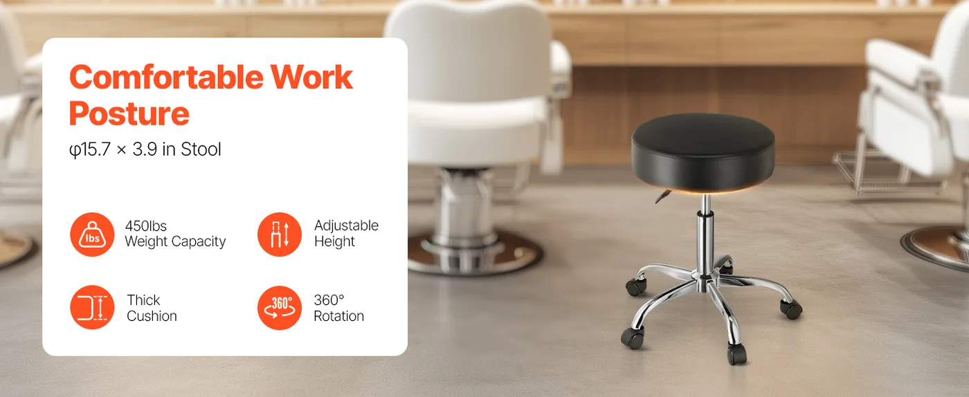 VEVOR Black Rolling Stool with Wheels 450 LBS Adjustable overview