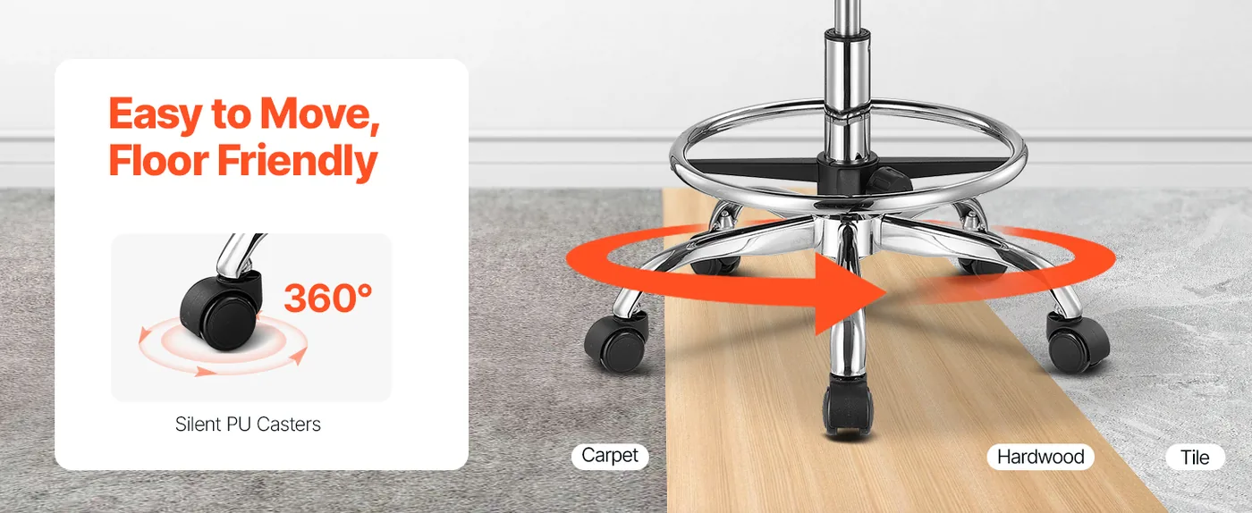 VEVOR Rolling Stool with Foot Rest 450 LBS Height Adjustable Easy to Move