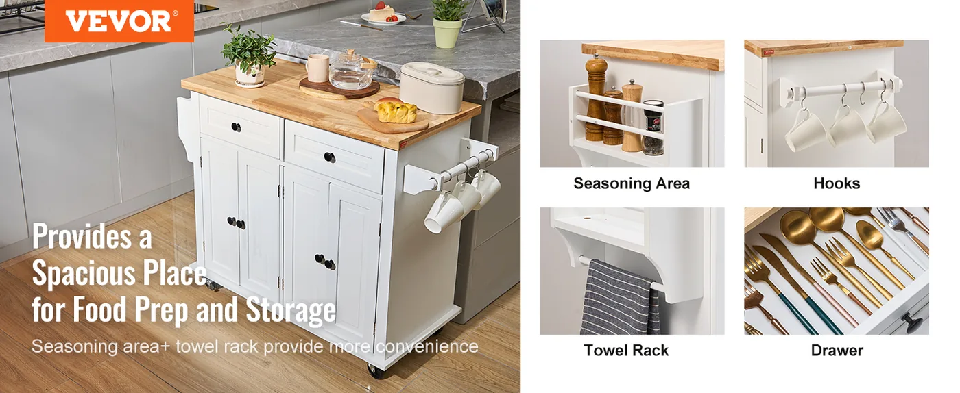 VEVOR Kitchen Island Cart with Solid Wood Top 2 Drawers,4 Do overview