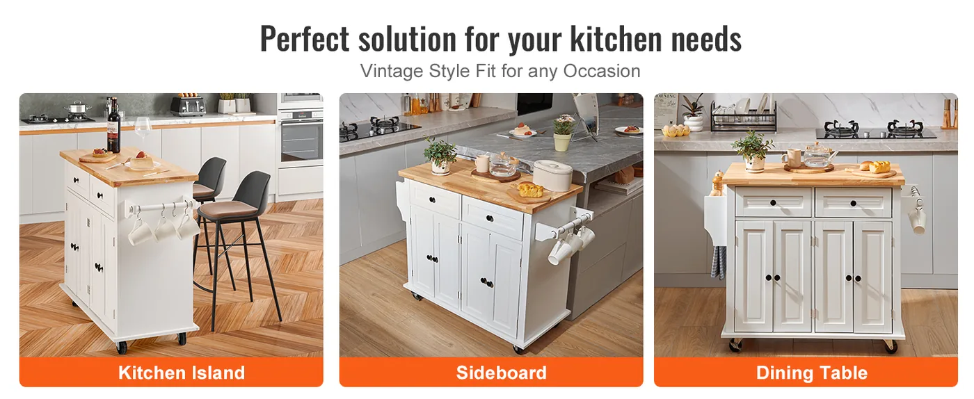 VEVOR Kitchen Island Cart with Solid Wood Top 2 Drawers,4 Do feature 3