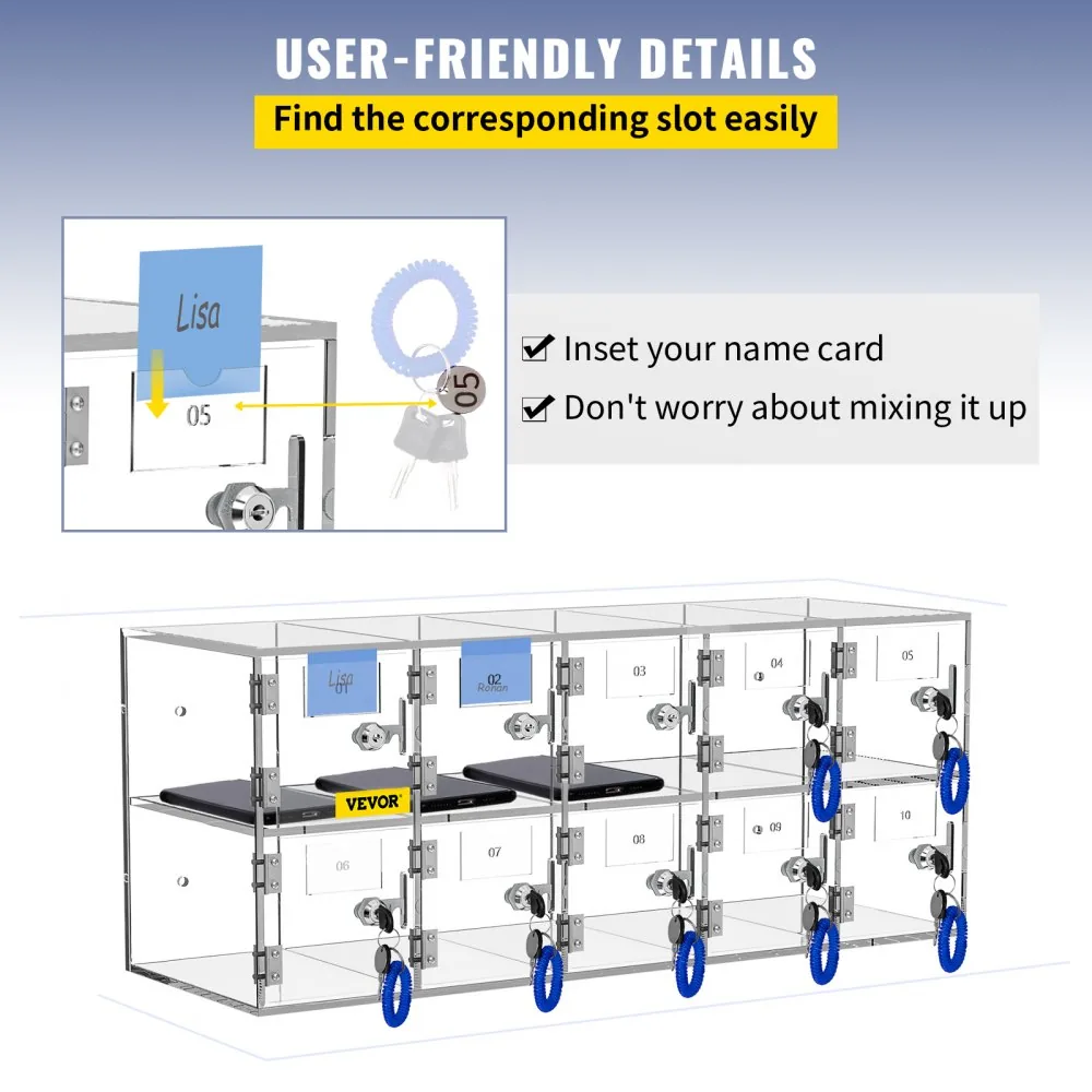 VEVOR Cell Phone Storage Locker 10 Slots with Keys dimensions