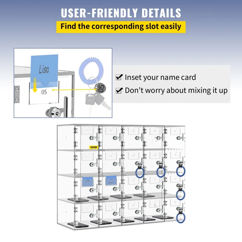 VEVOR Cell Phone Storage Locker 20 Slots with Keys dimensions