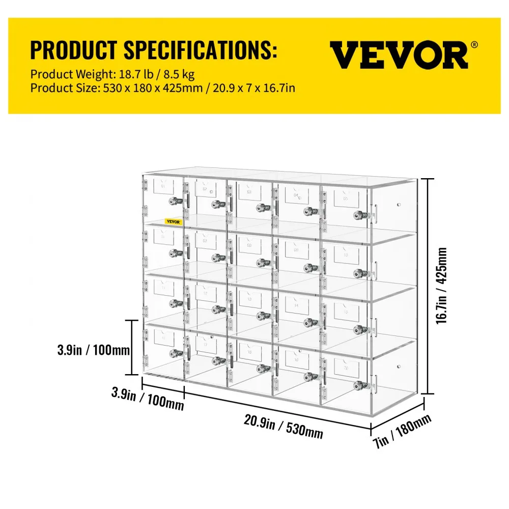 VEVOR Cell Phone Storage Locker 20 Slots with Keys package contents