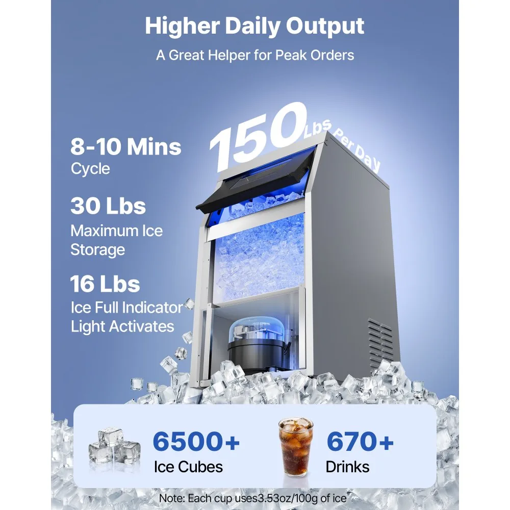 150 lbs/24h commercial ice maker under counter in kitchen