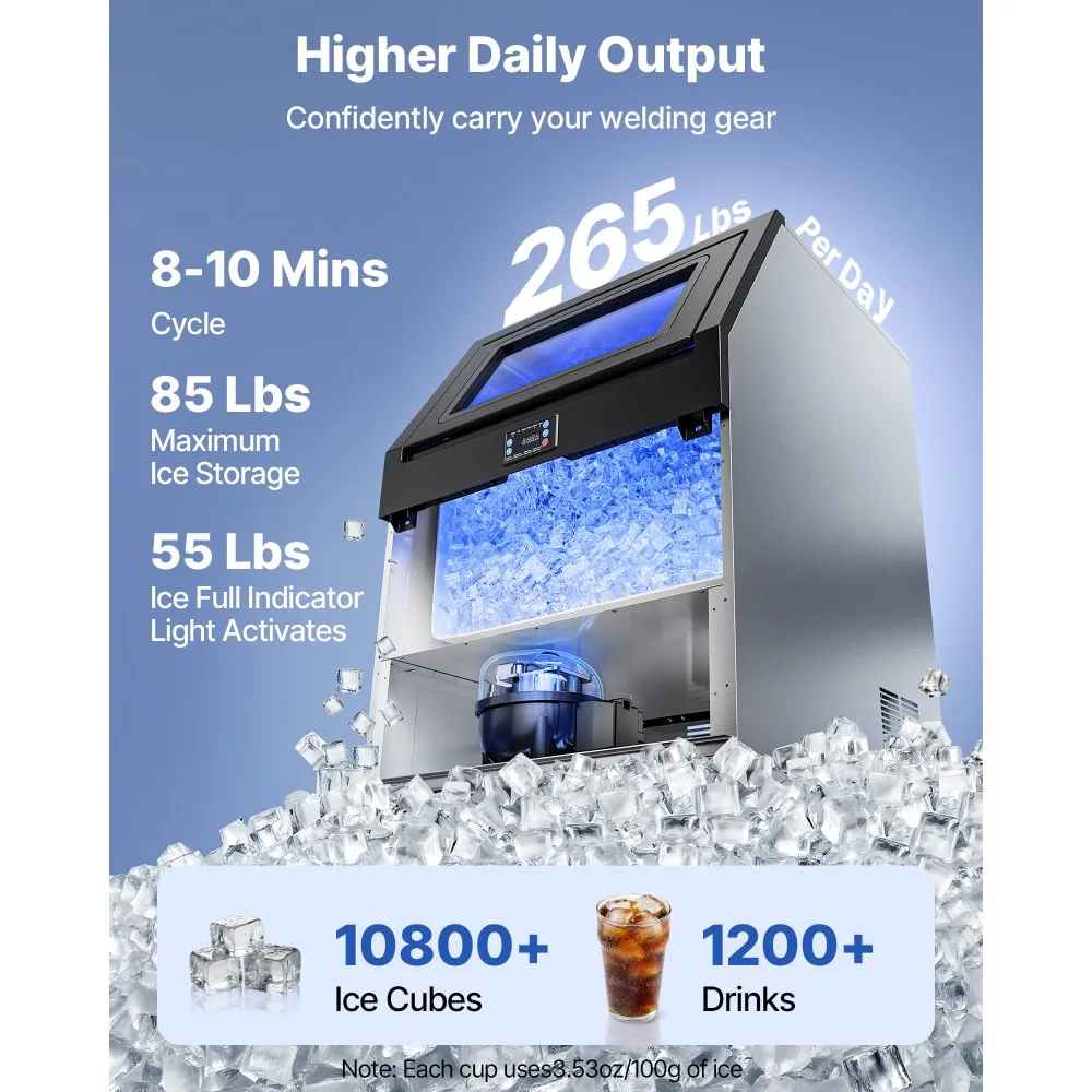 265 lbs/24h commercial ice maker under counter in kitchen