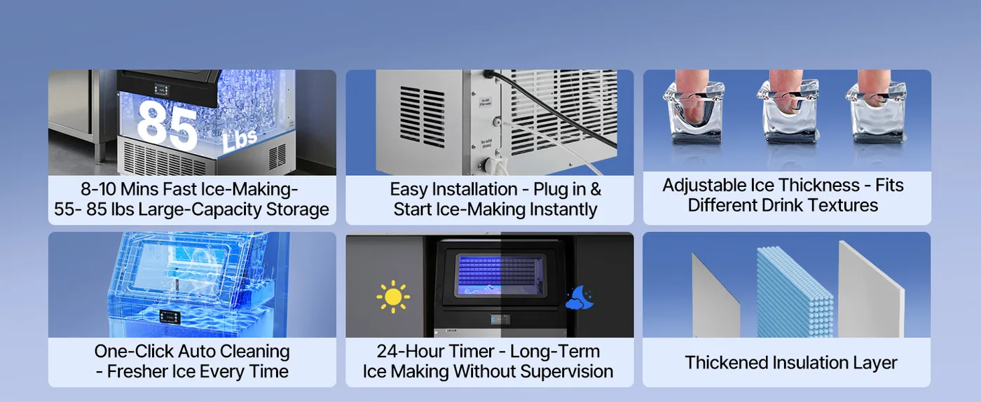 VEVOR Commercial Ice Maker 265 lbs/24h 55-85 lbs Storage Powerful Performance