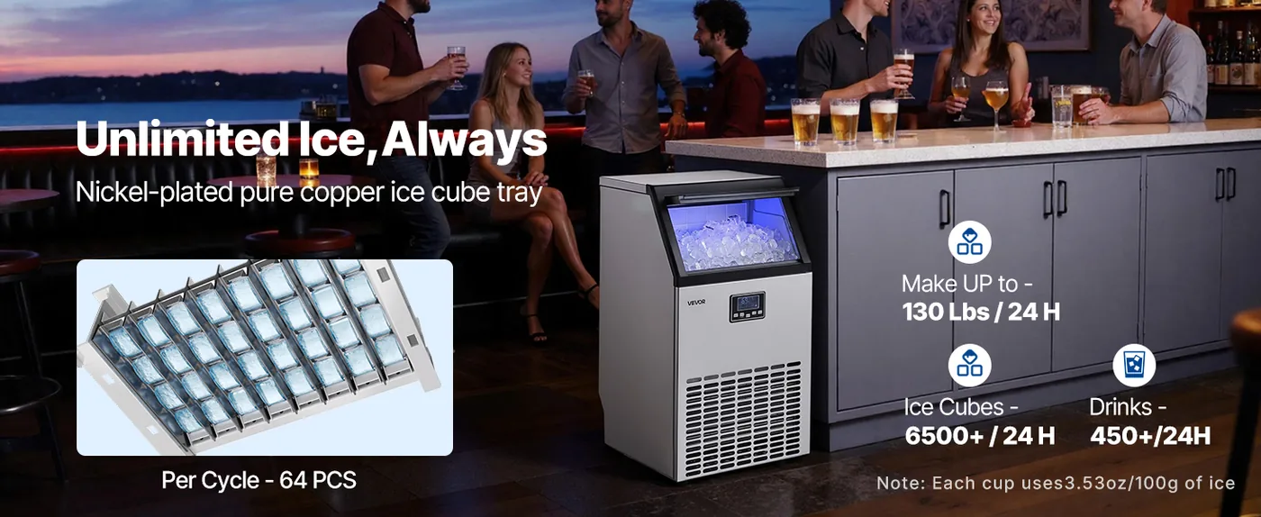 VEVOR Commercial Ice Maker 100 lbs/24h 26 lbs Storage High Efficiency