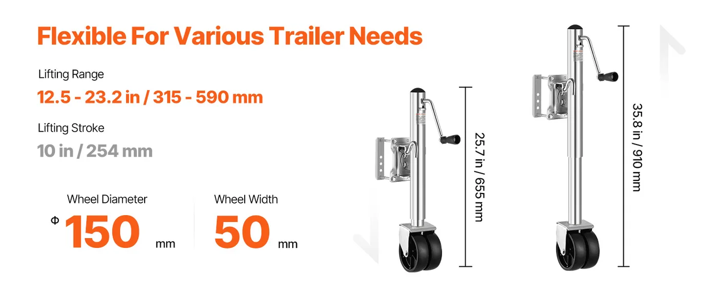 VEVOR Trailer Jack 2000 LBS with Wheel 12 in Lift load capacity detail 2
