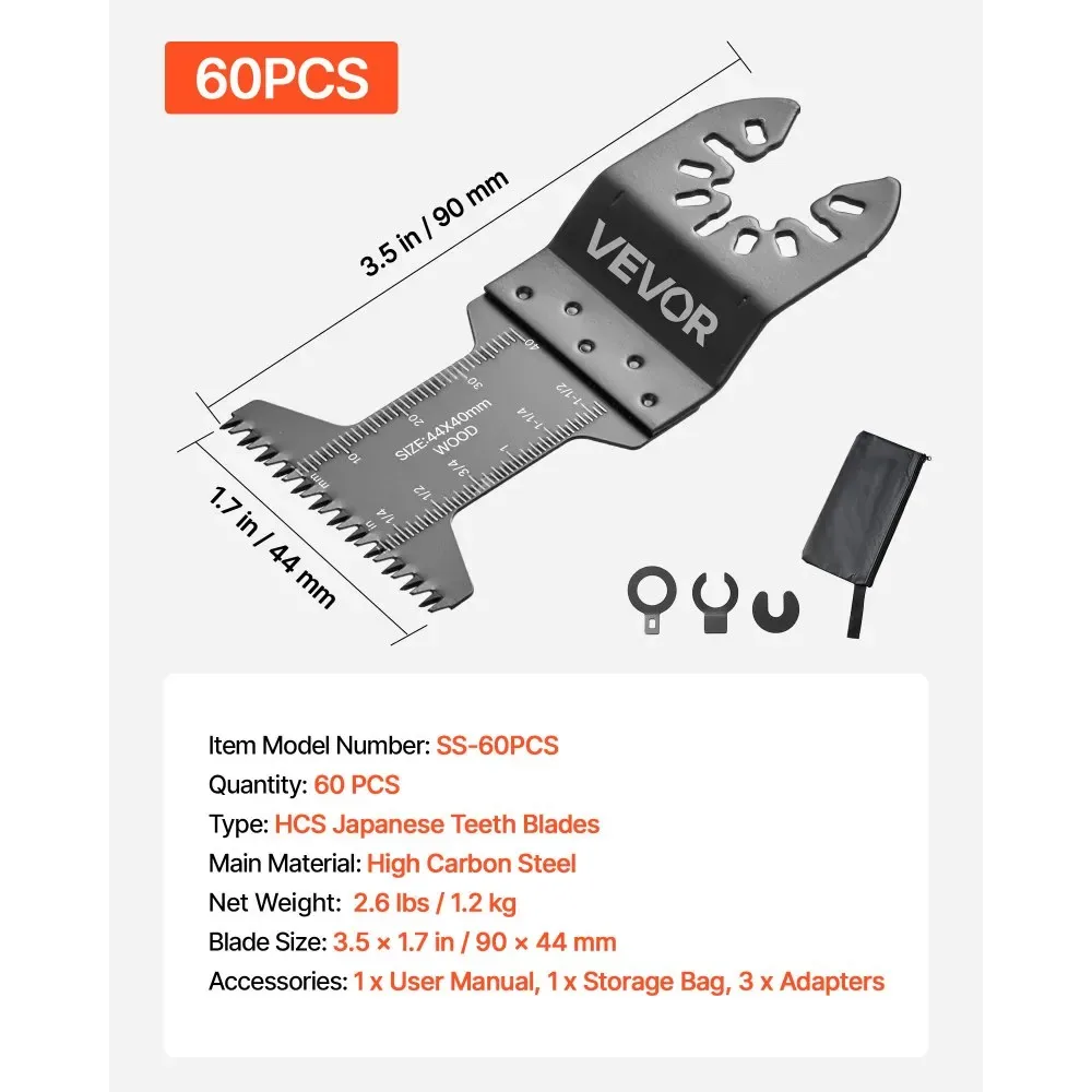 VEVOR 60 PCS Japanese Teeth Oscillating Blades for Multitool package contents