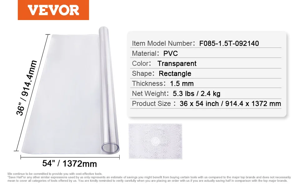 VEVOR Plastic Table Cover 36 x 54 inch Clear feature 5