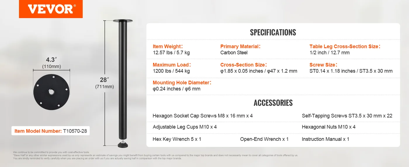 VEVOR 28 Inch Adjustable Desk Legs feature 5