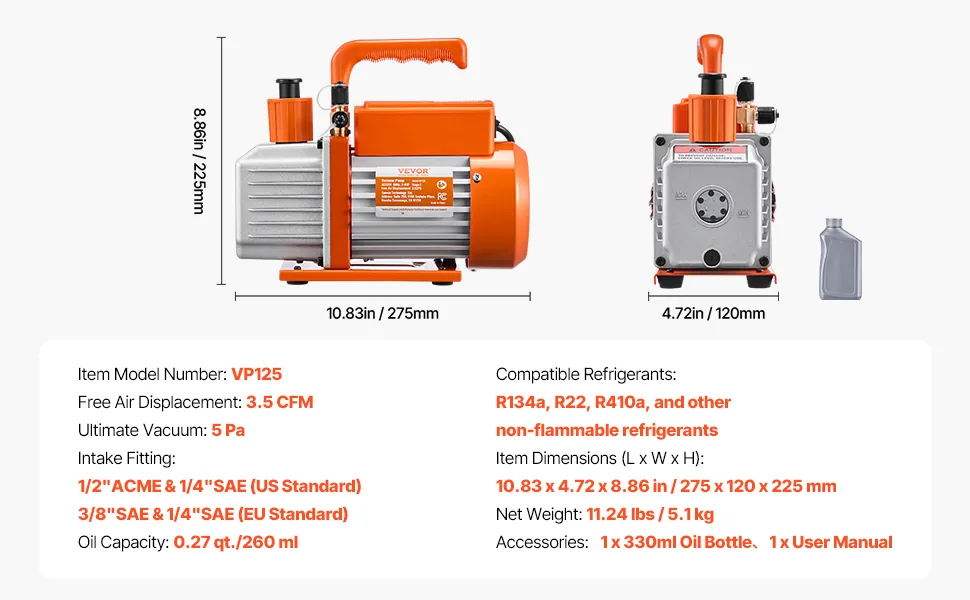 VEVOR Vacuum Pump Single-Stage Pro 3.5 CFM 1/4HP feature 5