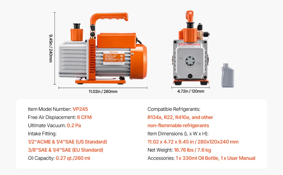 VEVOR Vacuum Pump Two-Stage Pro 6 CFM 1/2HP feature 5