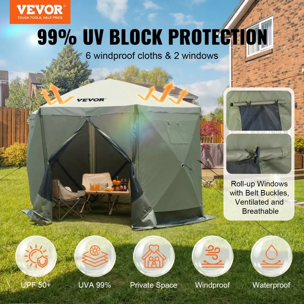 VEVOR 10 x 10 ft gazebo screen tent set up in backyard