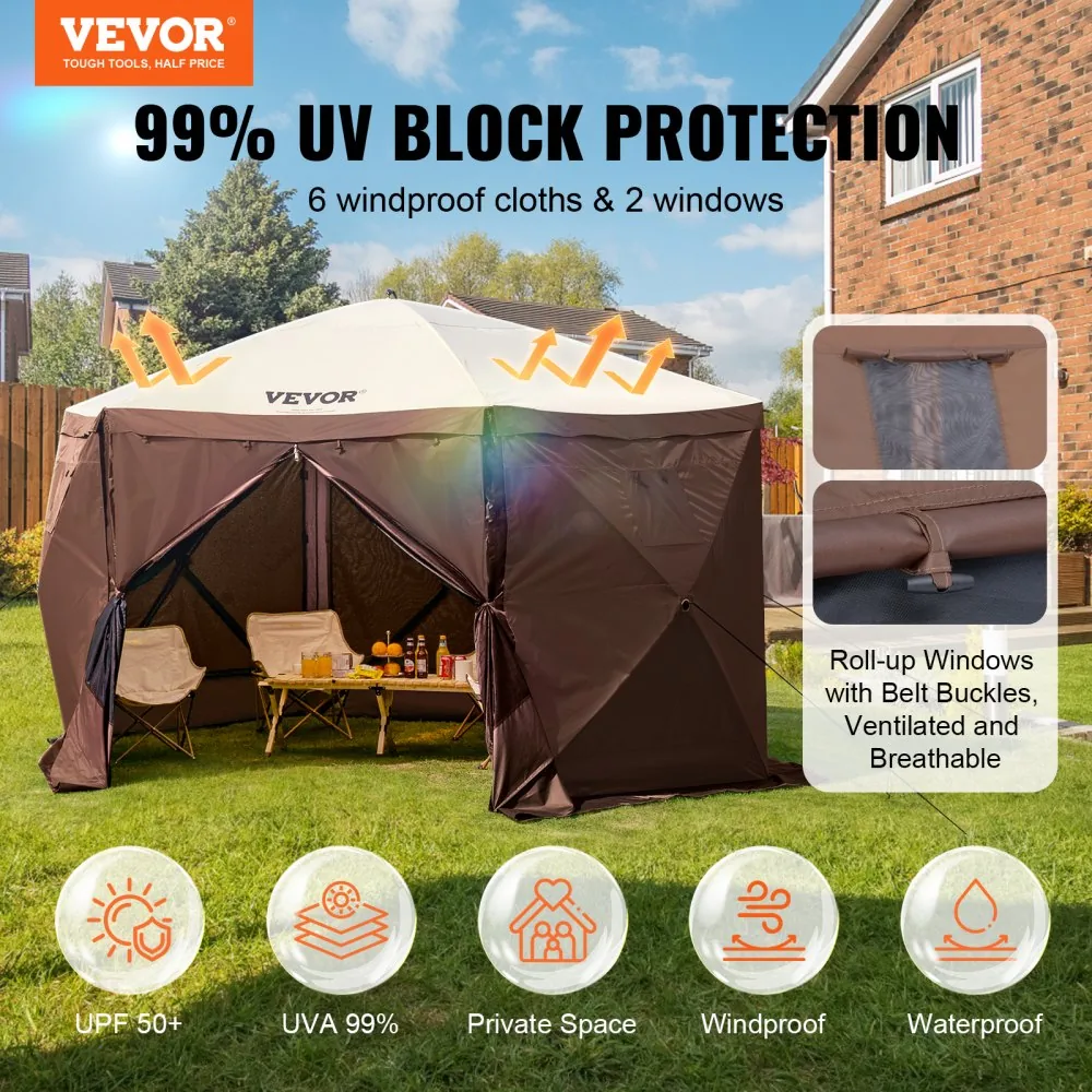 VEVOR 12.5 x 12.5 ft gazebo screen tent set up in backyard