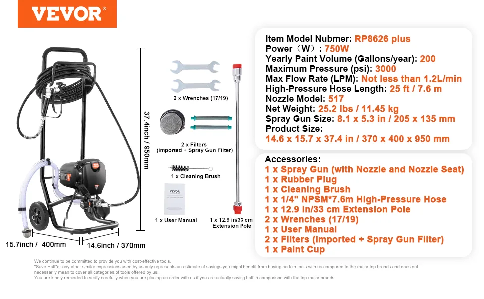 VEVOR 750W Airless Paint Sprayer with Cart 3000 PSI high pressure detail 4