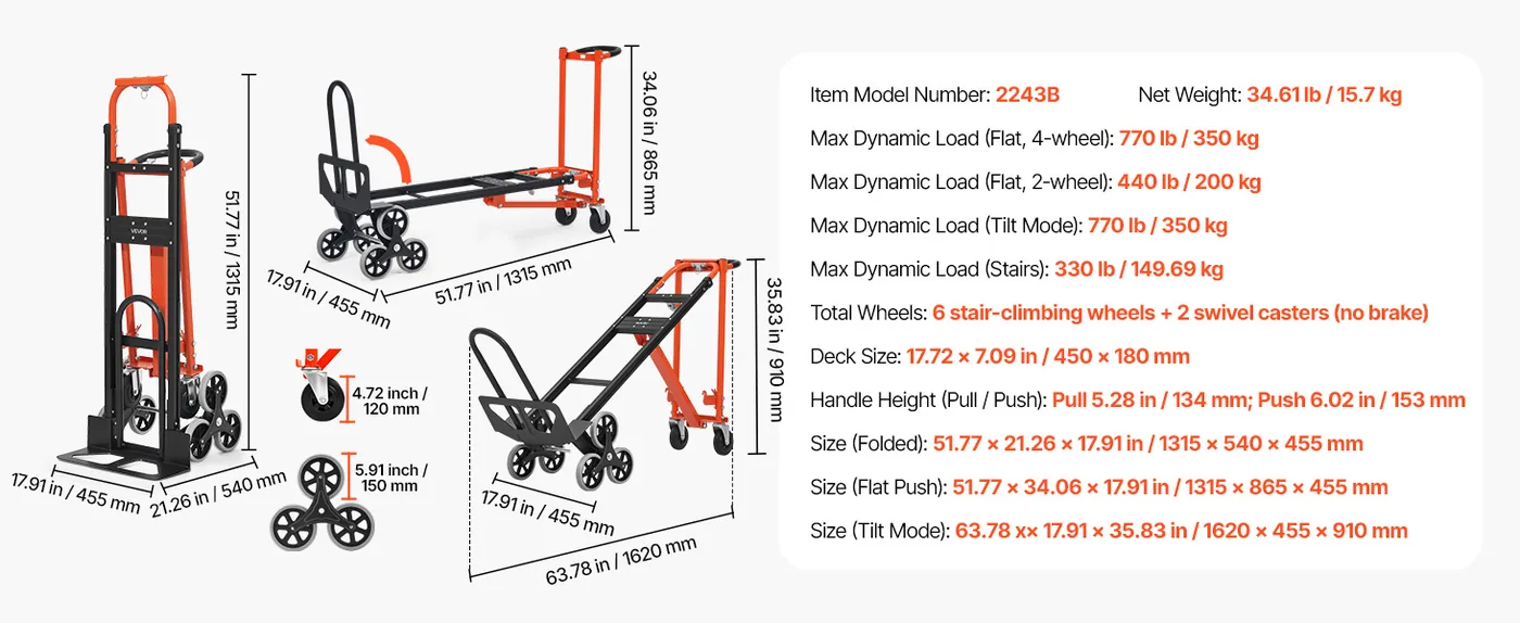 VEVOR 3 in 1 Industrial Convertible Stair Climbing Cart feature 1