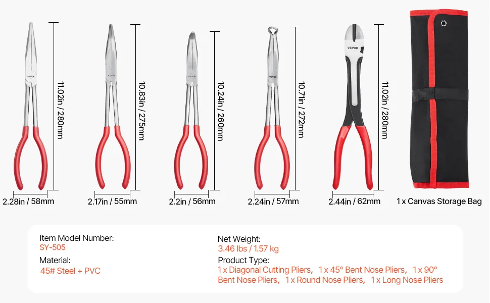 VEVOR 5-Piece Needle Nose Pliers 5pcs 11inch feature 5