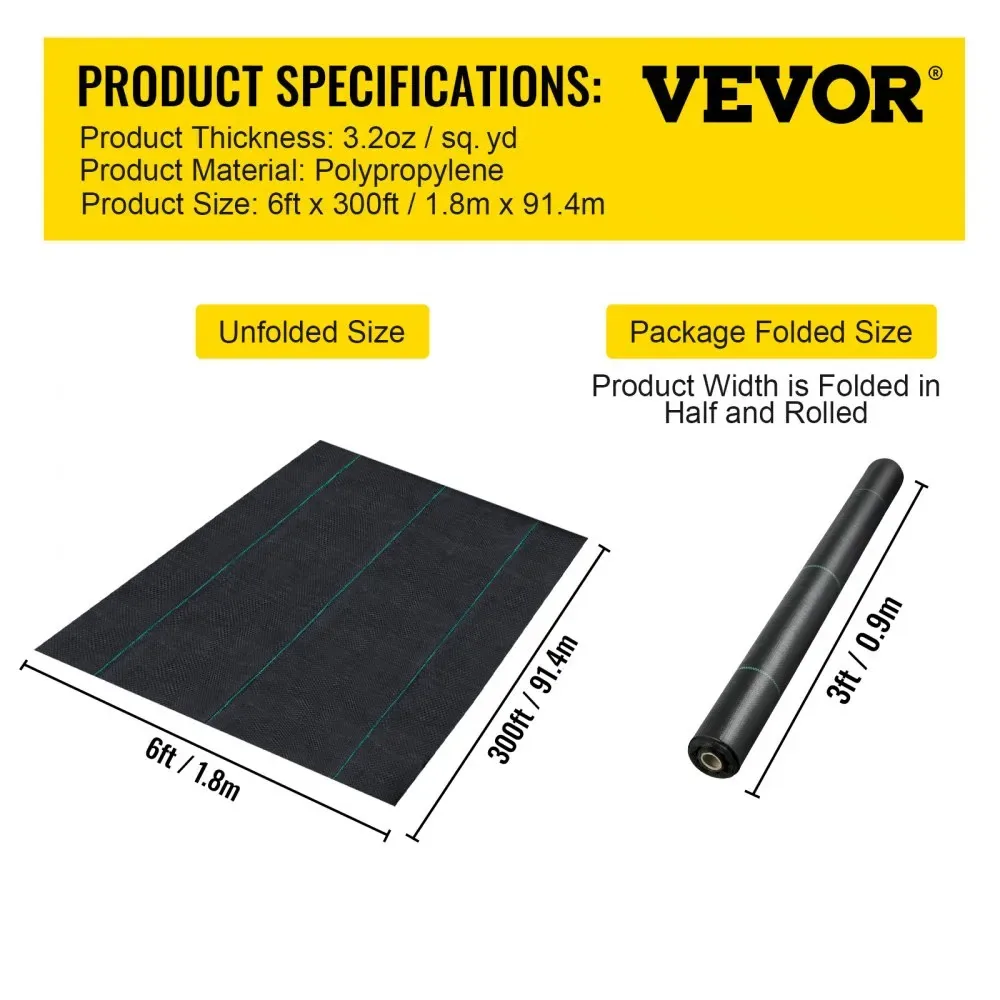 VEVOR 6 x 300 ft weed mat fabric package contents