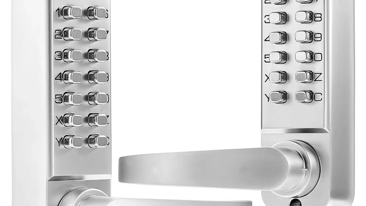 Silver keypad door lock close-up with keypad and handle