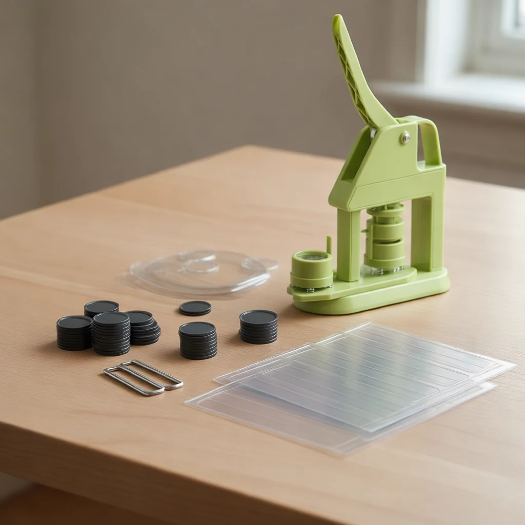 VEVOR button maker machine 500-piece kit contents flat lay