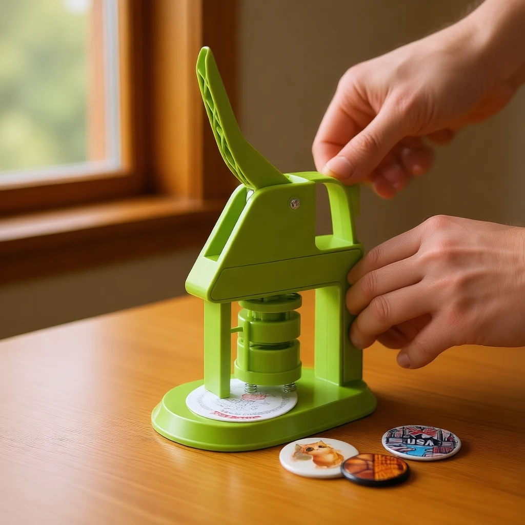hands pressing the lever of a VEVOR button maker machine