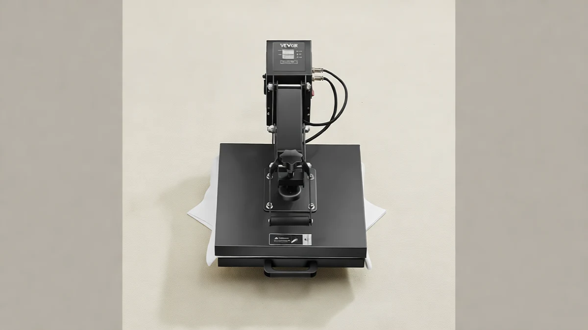 VEVOR Heat Press, 15 x 15 inch Heat Press Machine for T-shirts, Fast and Even He - SCENE: TEXT:YES 场景展示了一台VEVOR热压机置于工作环境中,周围摆放着布料、贴纸材料等,呈现出典型的