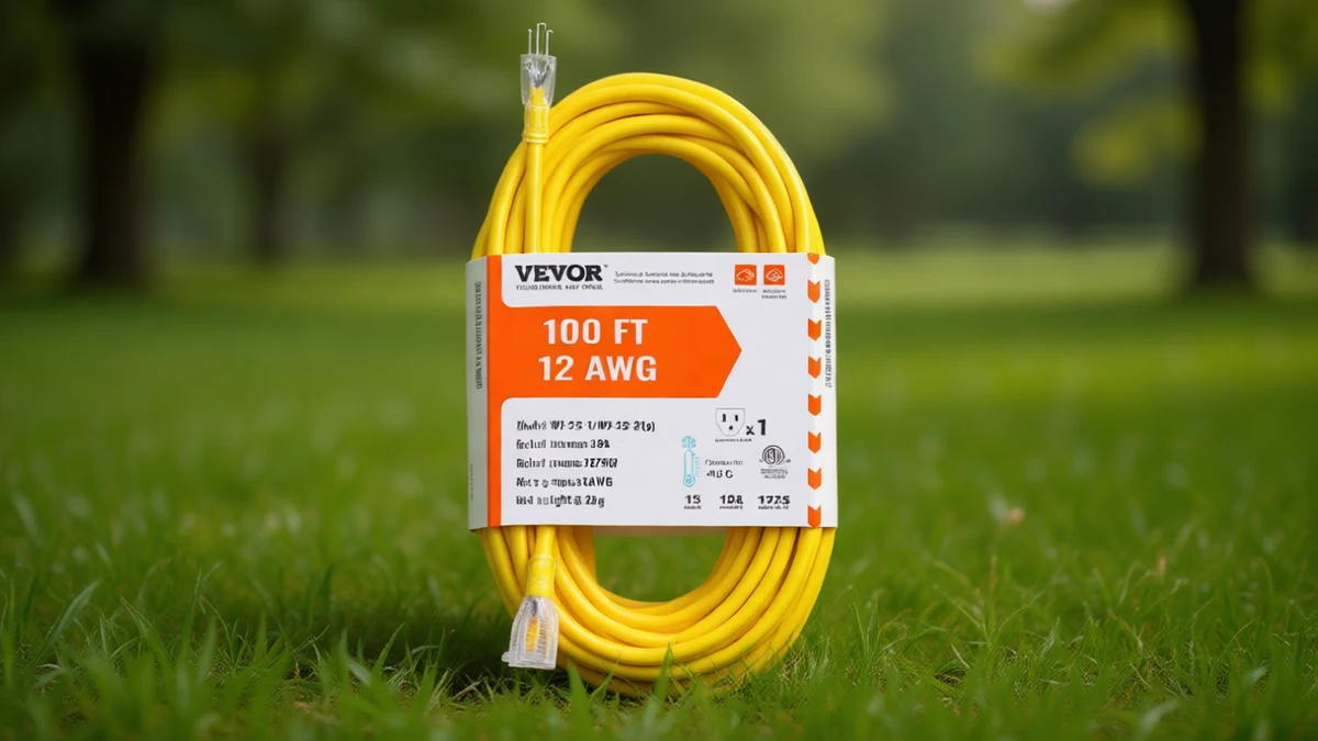 VEVOR 100FT Heavy Duty Extension Cord, 12AWG 15Amps 1875W, 3 Prongs Indoor Outdo - WHITE: TEXT:YES full product shot of the VEVOR 100FT extensi