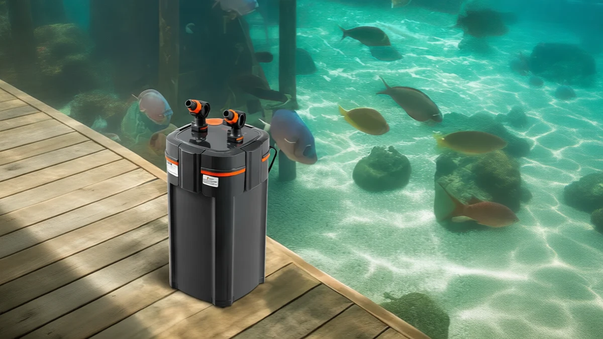 VEVOR Aquarium Filter 660GPH, 5-Stage Canister Filter 235 Gallon, Ultra-Quiet In - SCENE: TEXT:YES 水族箱过滤器放置在木制平台上,背景是水族箱及游动的鱼类,呈现实际使用场景。
