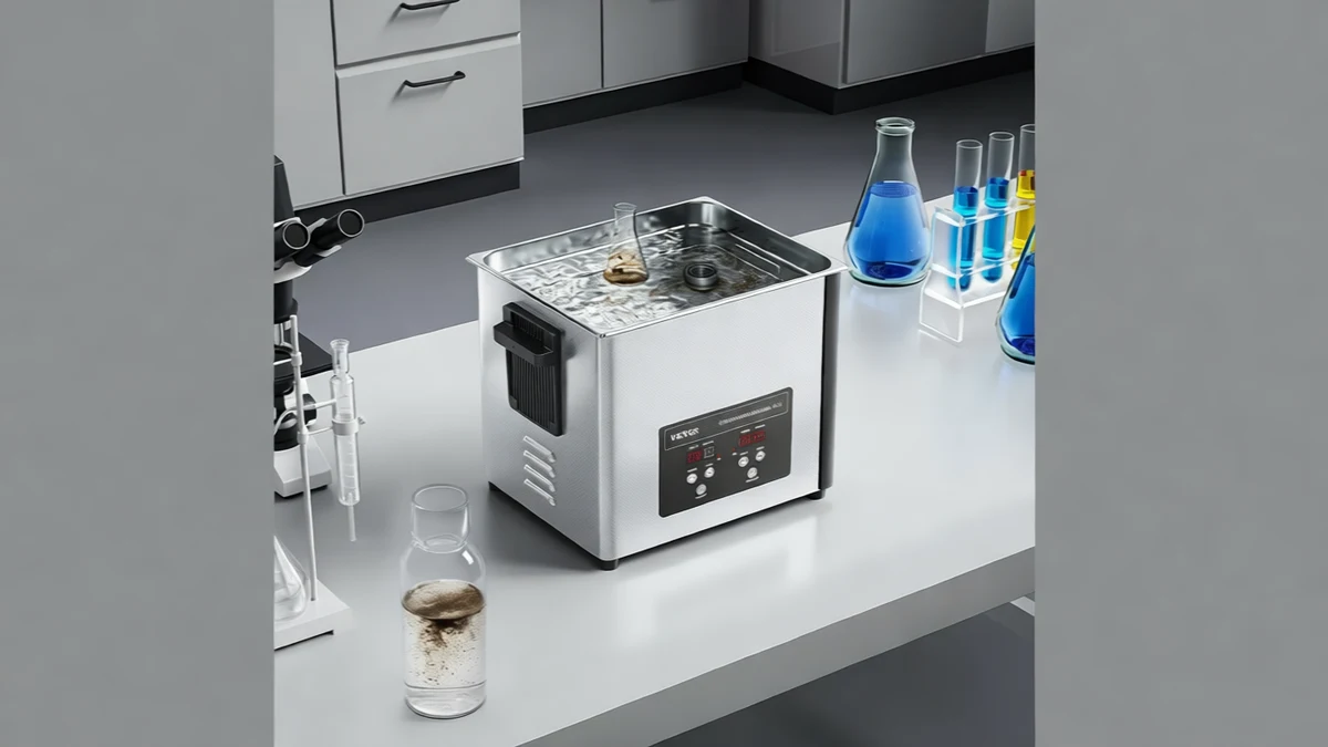 VEVOR 10L Ultrasonic Cleaner, Professional Ultrasonic Cleaner Machine with Clean - SCENE: TEXT:YES 该图展示了在实验室环境中的VEVOR超声波清洗机,周围摆放着显微镜、烧瓶、试管等实验器