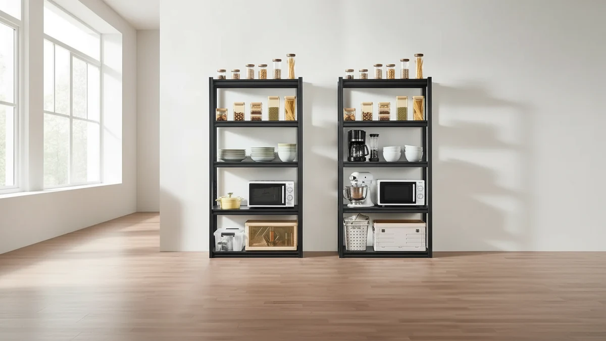 VEVOR Storage Shelves, 2000 lbs, 5 Tier Garage Storage Shelving, 18″ D x 3 - 画面展示了两个并排的黑色五层置物架，上面摆满了厨房用品，如调料罐、微波炉、咖啡机和收纳盒，并用橙色框和文字强调了置物架的
