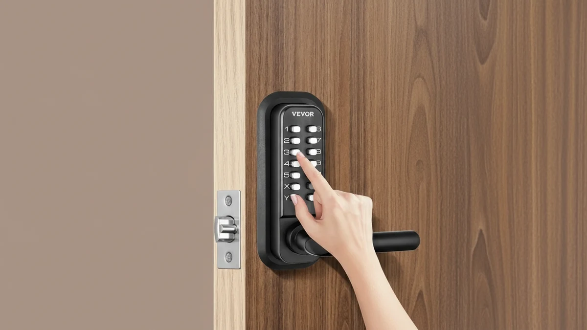 VEVOR Mechanical Keyless Entry Door Lock, 14 Digit Keypad, Double-sided Embedded - SCENE: 展示VEVOR机械无钥匙门锁在木门上的实际使用场景,画面呈现产品安装状态与按键操作,同时配有品牌信息、功能