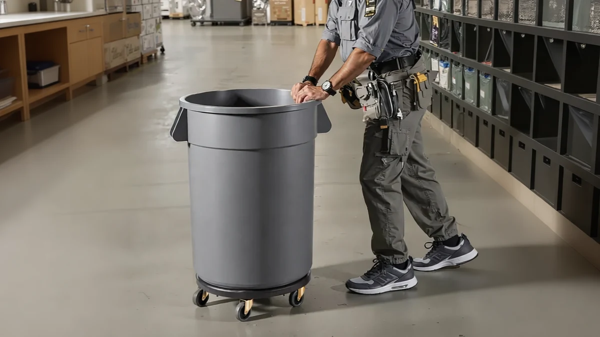 VEVOR Trash Can Dolly, Fit 20, 32, 44, 55 Gallon Containers, Round Trash Can Rol - SCENE: 画面展示在一个仓库环境中,一名穿着工装的人员正在推动一个带有轮子的垃圾筒托架,画面中无文字、水印或标注。