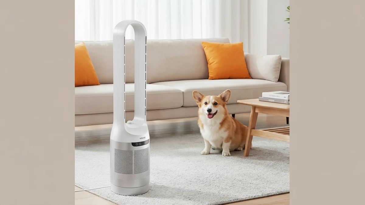 VEVOR Bladeless Tower Fan, 65° Oscillating Standing Fan, 12 Speeds & 4 Mode - SCENE: 画面呈现VEVOR无叶塔扇放置在客厅环境中,背景有沙发、柯基犬和木质茶几,呈现真实居家使用场景,画面中有“