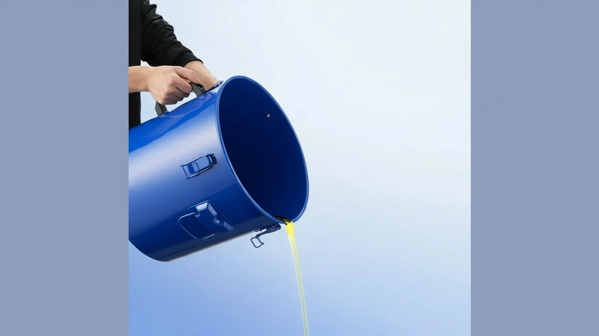 VEVOR Fryer Grease Bucket, 8 Gal Oil Disposal Caddy Carbon Steel Fryer Oil Bucke - 一个人用双手倾斜一个蓝色的大桶，将里面的黄色液体倒出来。