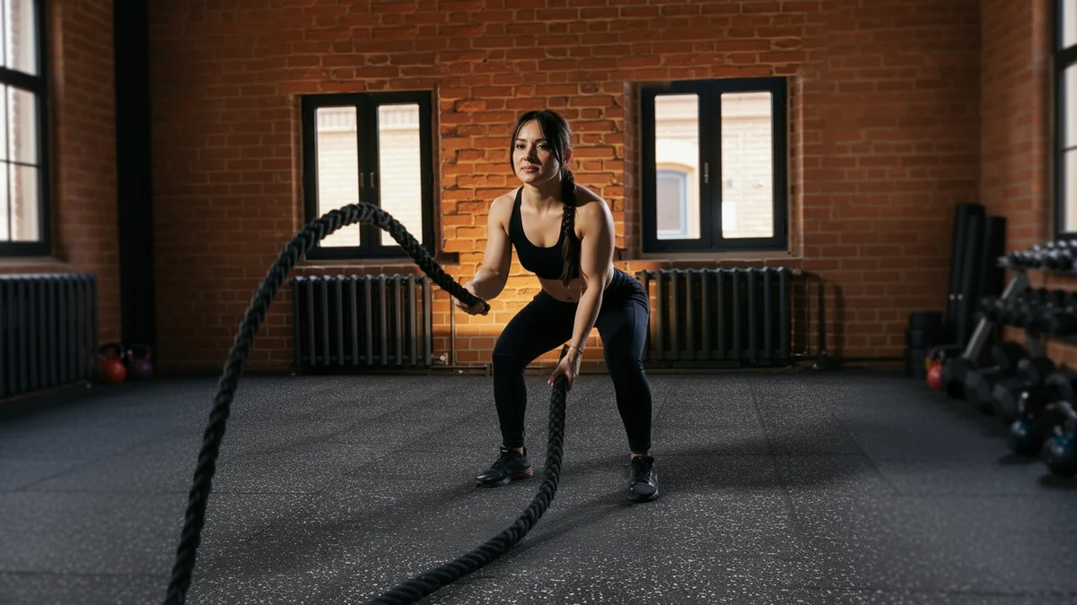 VEVOR Puzzle Exercise Mat, 24 PCS Fitness Equipment Mats, 24 x 24 x 0.56 in, Hig - A woman in athletic wear is performing battle rope exercises