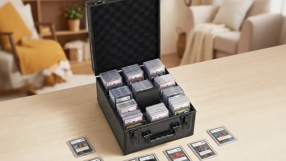 VEVOR Graded Card Case 3 Row 150 PSA Slab Storage Box with Secure Lock, Baseball - SCENE: TEXT:YES 画面展示了VEVOR品牌的硬质卡盒置于木质桌面上,内部整齐存放着评级卡,背景是居家环境