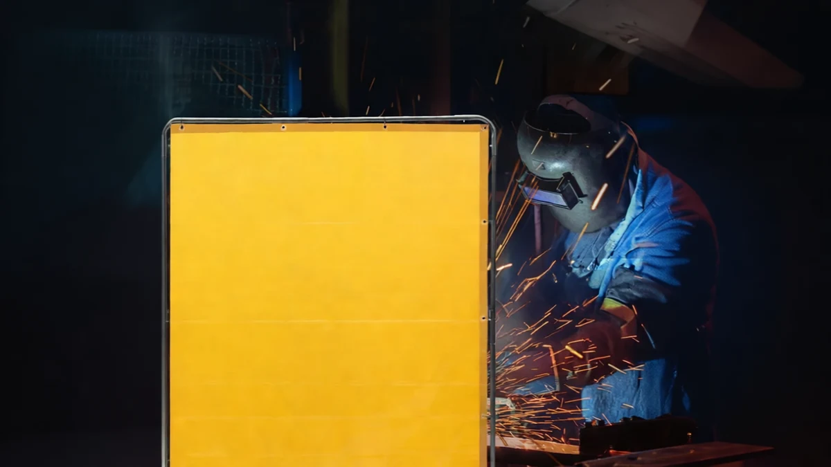 VEVOR Welding Screen with Frame, 6′ x 6′ Welding Curtain Screen, Fla - SCENE: TEXT:YES 画面展示了VEVOR焊接屏在实际的焊接工作场景中,背景有焊接作业产生的火花,突出了产品