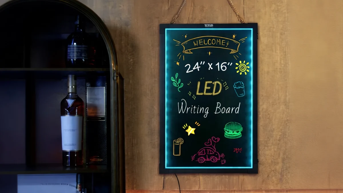 VEVOR LED Message Writing Board, 24″x16″ Illuminated Erasable Lighte - SCENE: TEXT:YES 画面展示了一块VEVOR品牌的LED书写板悬挂在室内墙面,旁边有摆放着酒品的柜子,呈现