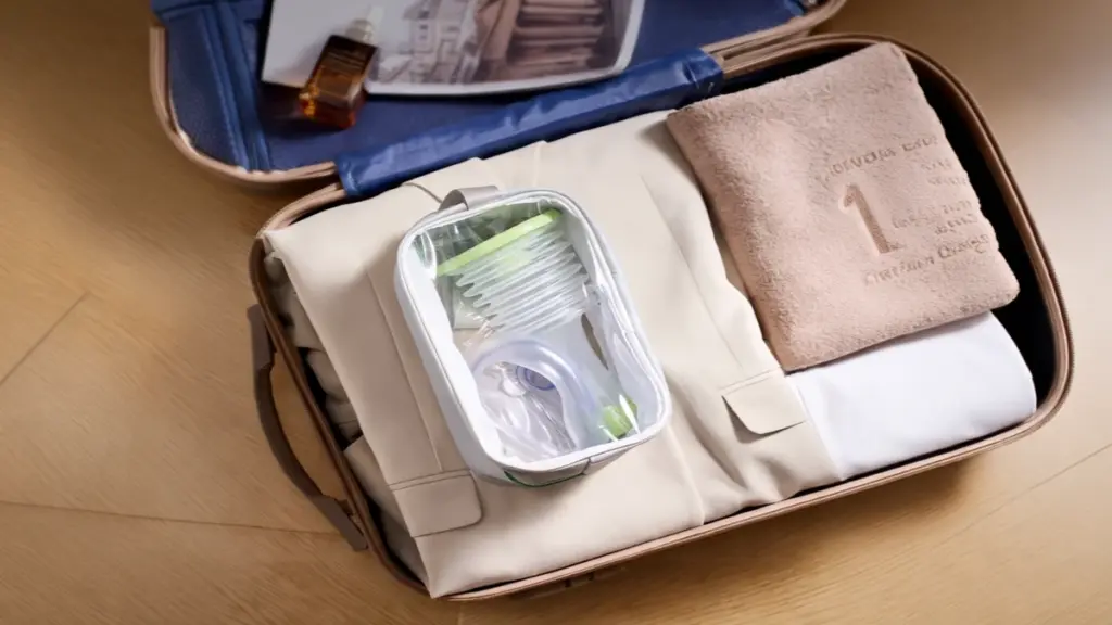 VEVOR portable anti-choking airway clearance device packed on clothes inside a suitcase, ready for travel