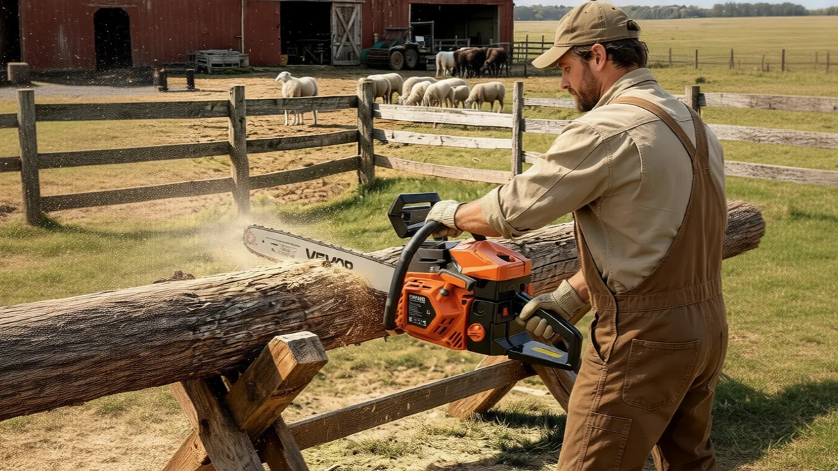 VEVOR Gas Powered Chainsaw 16 Inch 40CC 1.75HP 2 Stroke Engine Gas Chainsaw, for - SCENE: TEXT:YES 一名男子在农场场景中使用VEVOR品牌链锯切割木料,背景可见谷仓、羊群和开阔的田野。