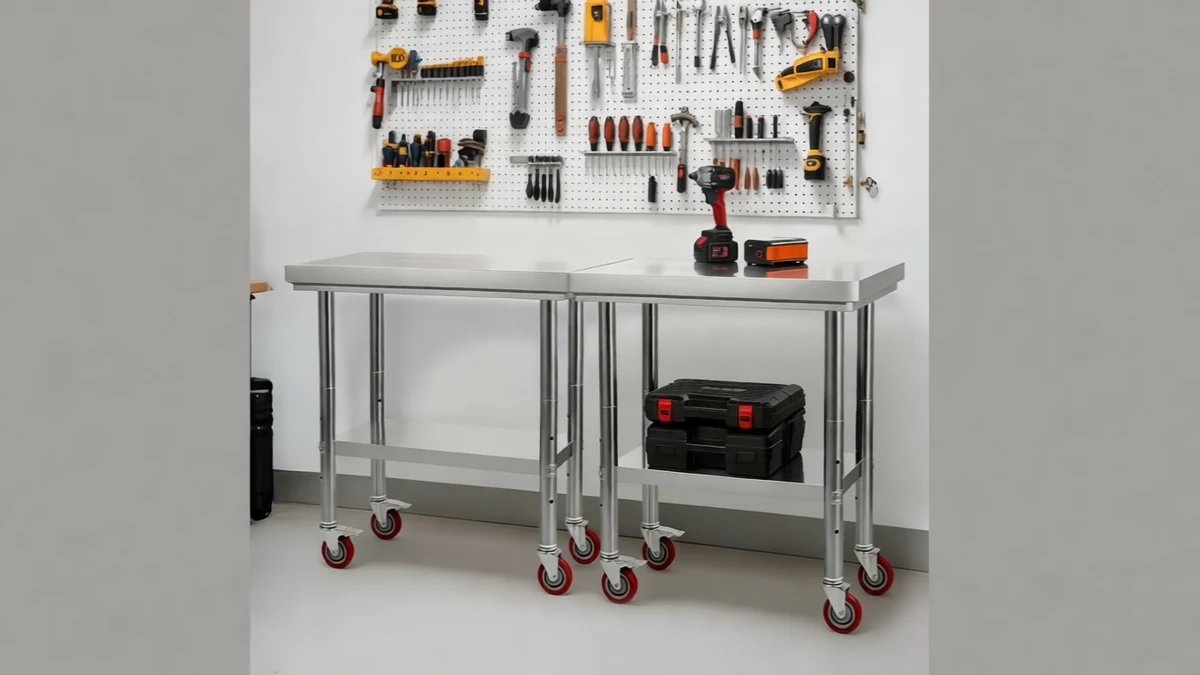 VEVOR Stainless Steel Table, 24 x 30 Inches Food Prep Worktable with Wheels - SCENE: 画面展现不锈钢工作台放置在挂满工具的墙前的工作场景,呈现工作室或工具间的真实使用环境,无额外文字水印或标