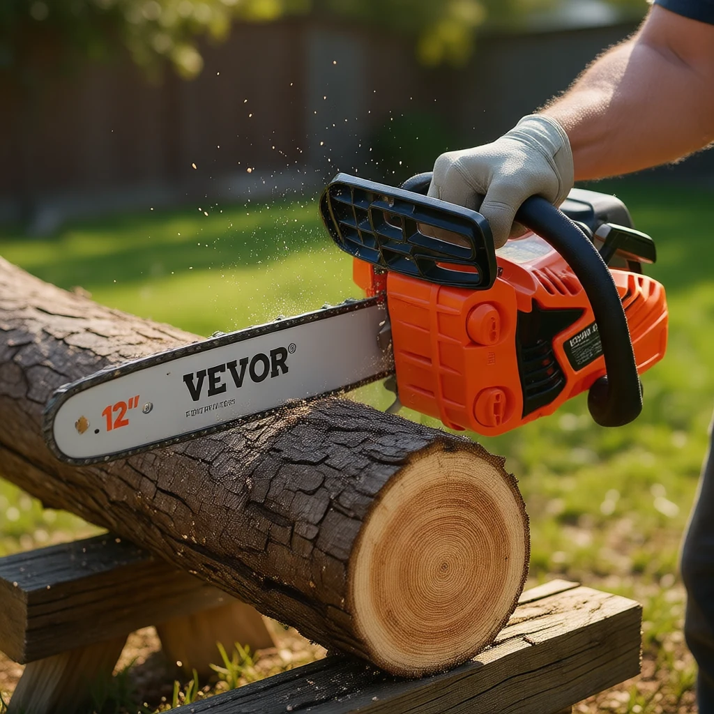 VEVOR 12 inch gas chainsaw cutting firewood log