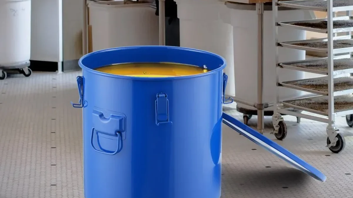 Blue fryer grease bucket in a commercial kitchen