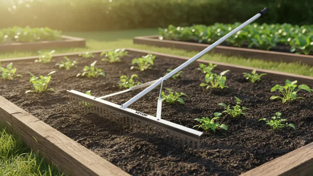 VEVOR landscape rake leveling fresh soil in a backyard garden bed