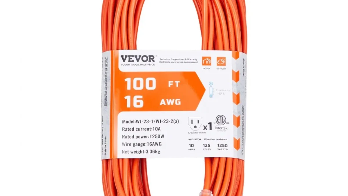 VEVOR 100 ft 16 AWG heavy-duty extension cord coiled with product label