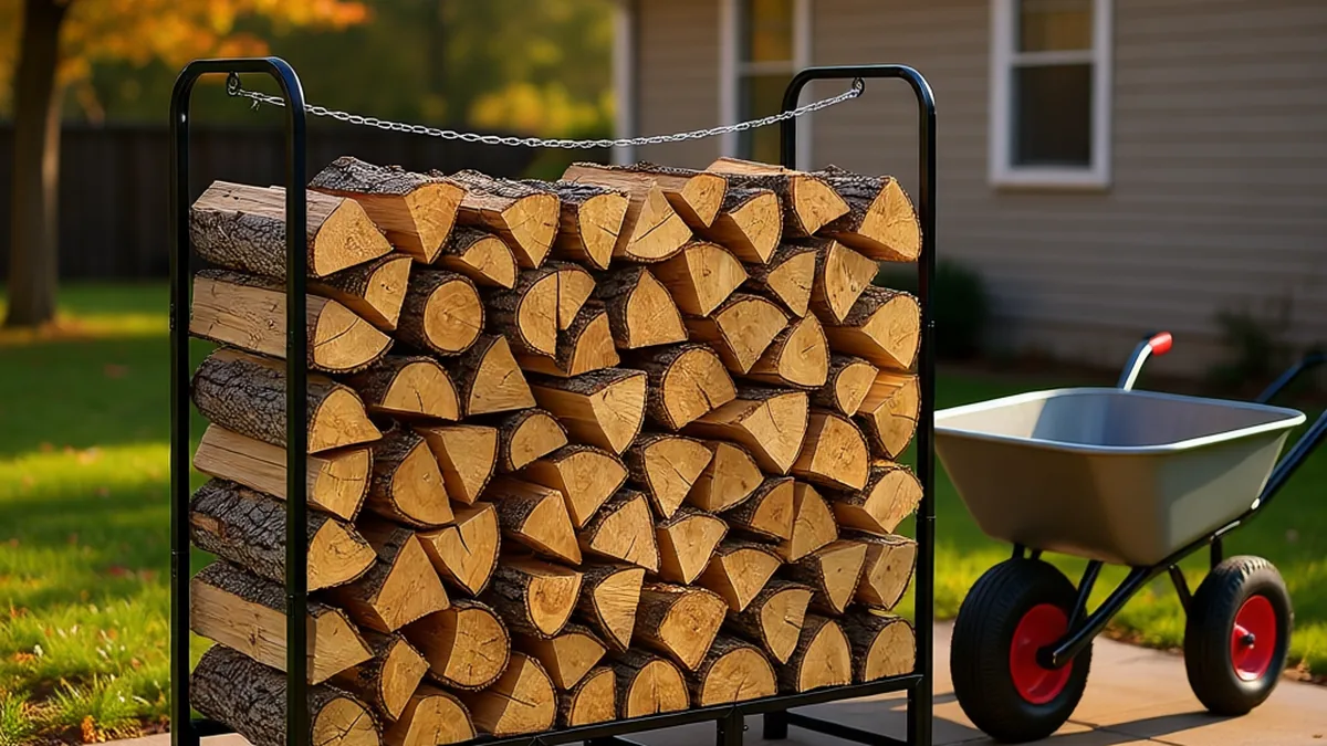 VEVOR outdoor firewood rack on a backyard patio with a neat pile of split logs