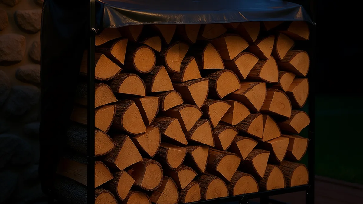 VEVOR firewood rack with waterproof cover on a deck beside a stone fireplace