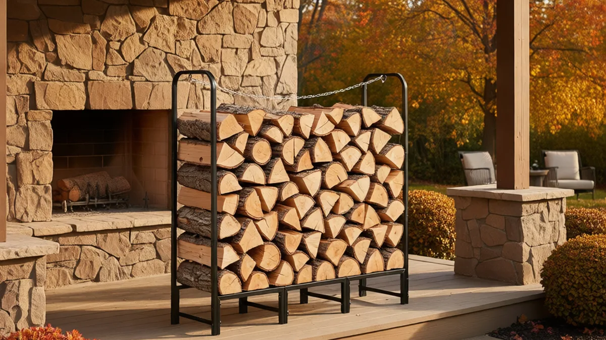 VEVOR heavy duty outdoor firewood rack stacked with split logs on a covered porch