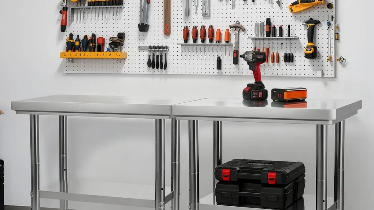 Stainless steel workbench in a workshop with tools